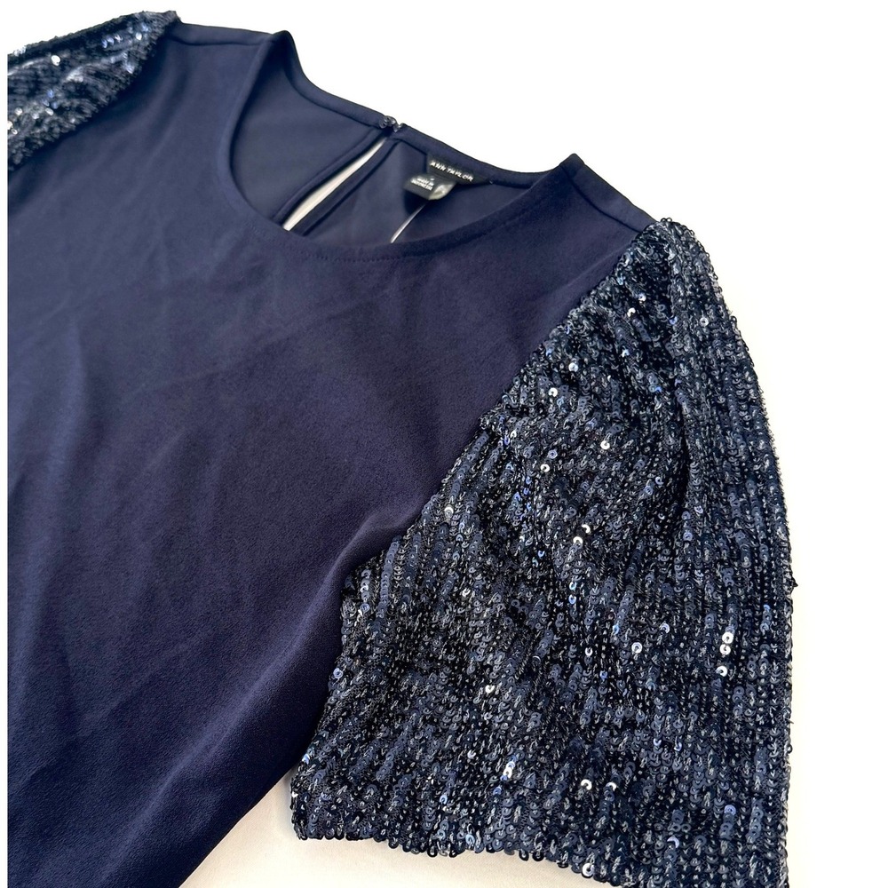 Ann Taylor Navy Blue Sequin Puff Sleeve Top Blouse NWT Size S